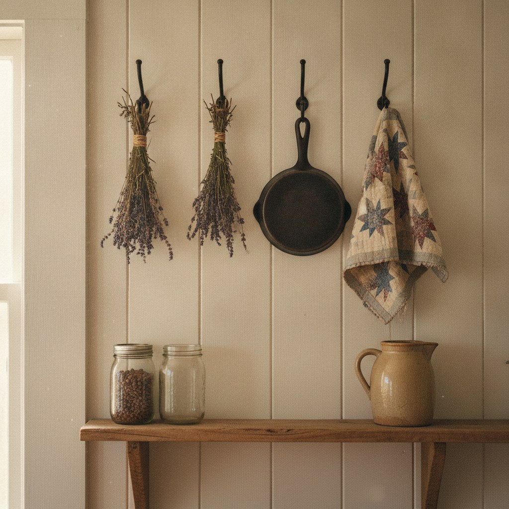A warm farmhouse kitchen wall bathed in golden morning light, where hearts and home converge in a quiet arrangement of dried herbs, cast iron, and worn wood.