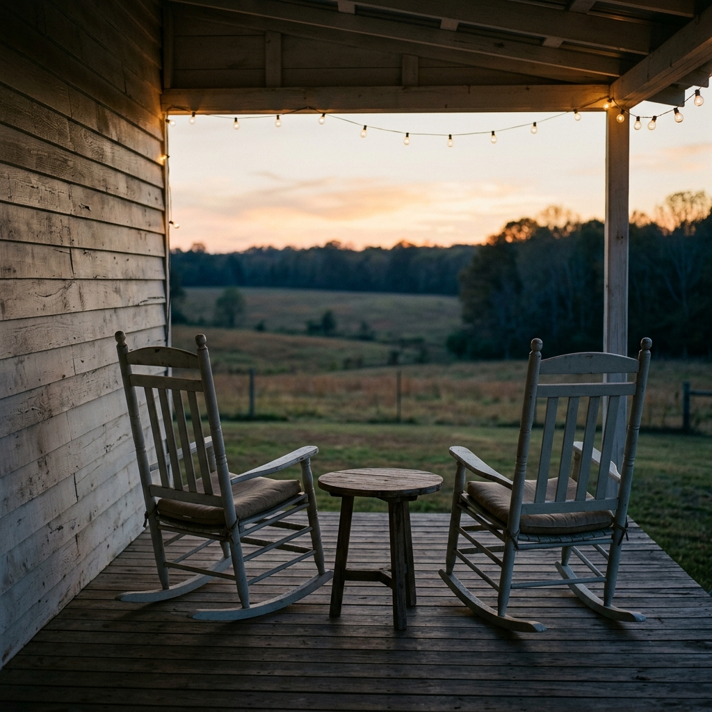 A back porch at dusk, two rocking chairs and a small table, string lights just coming on, fields going blue beyond, the table empty.