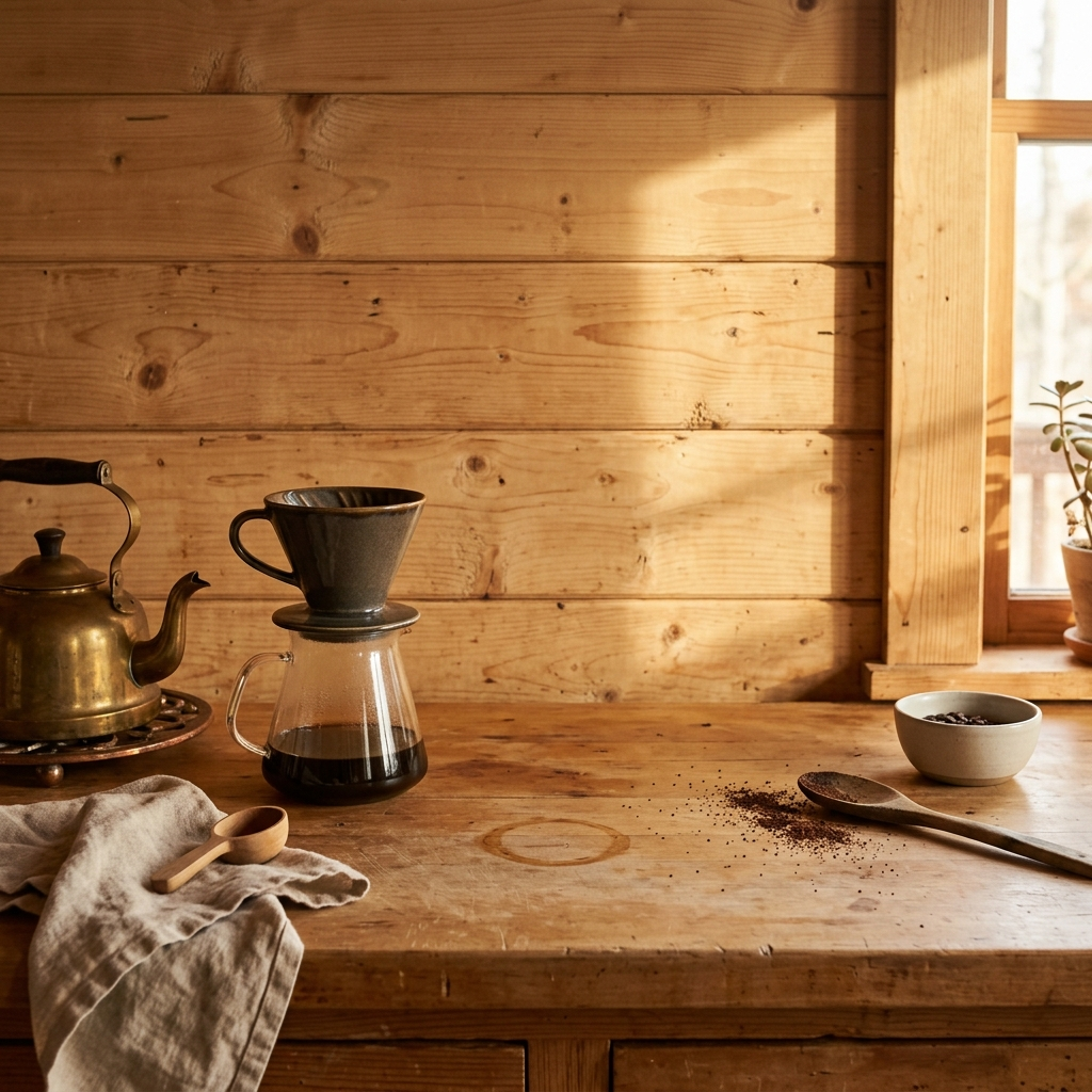 Morning coffee ritual at home in late golden light, the setting a mug lives in, styled and lived-in, with the spot on the table or shelf where it would sit left empty.