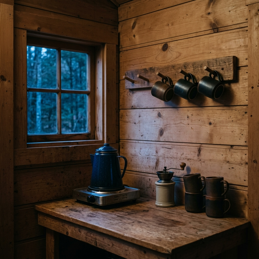 A coffee bar built into a cabin's wood-paneled nook, an enamel kettle on a hot plate, a wall mug rack, blue dawn light through a small window, the counter clear.