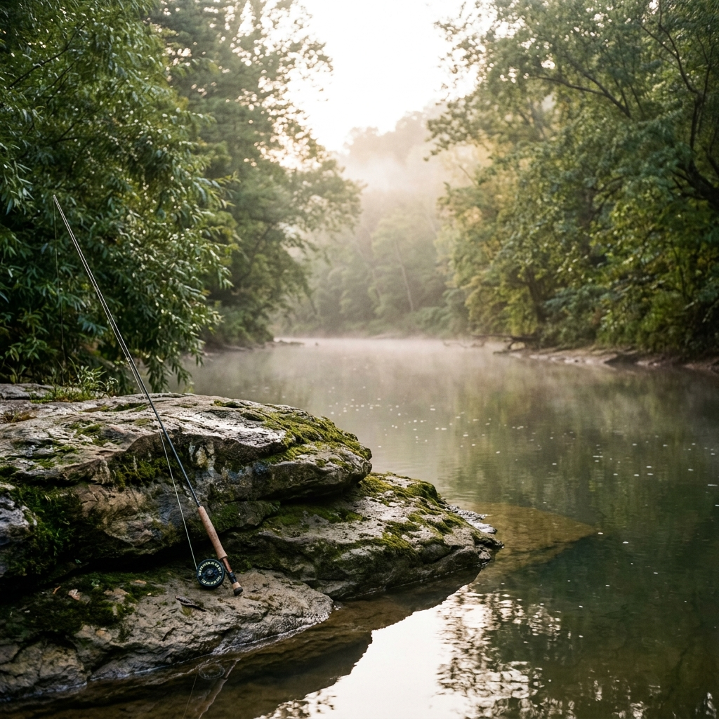 A rock outcrop on a Kentucky creek at first light, willows framing the water, mist rising, a fly rod leaning against the rock, nobody in frame.