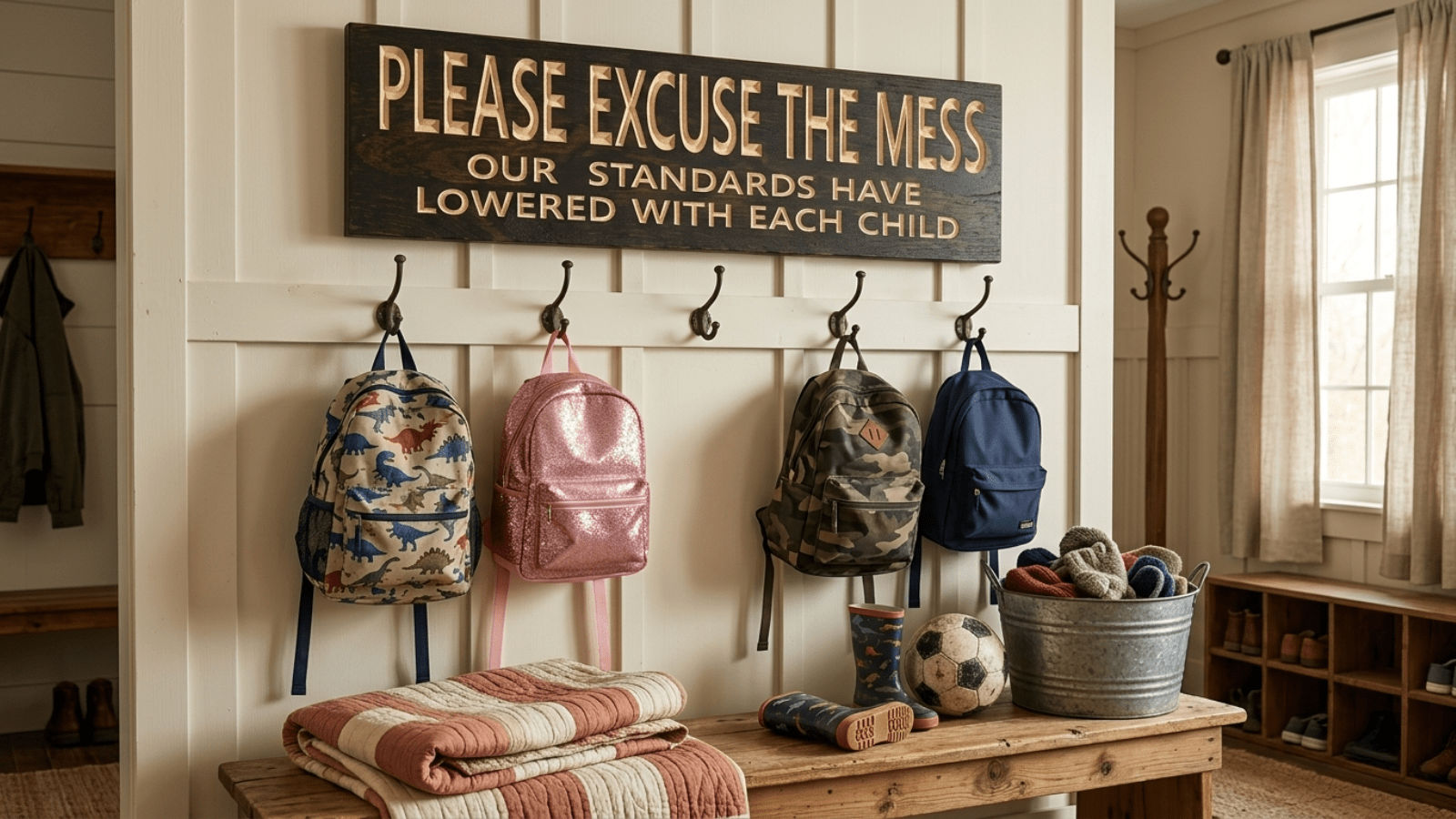 Farmhouse mudroom with humorous parenting wall sign above coat hooks holding children's backpacks, rain boots, and sports equipment on weathered bench