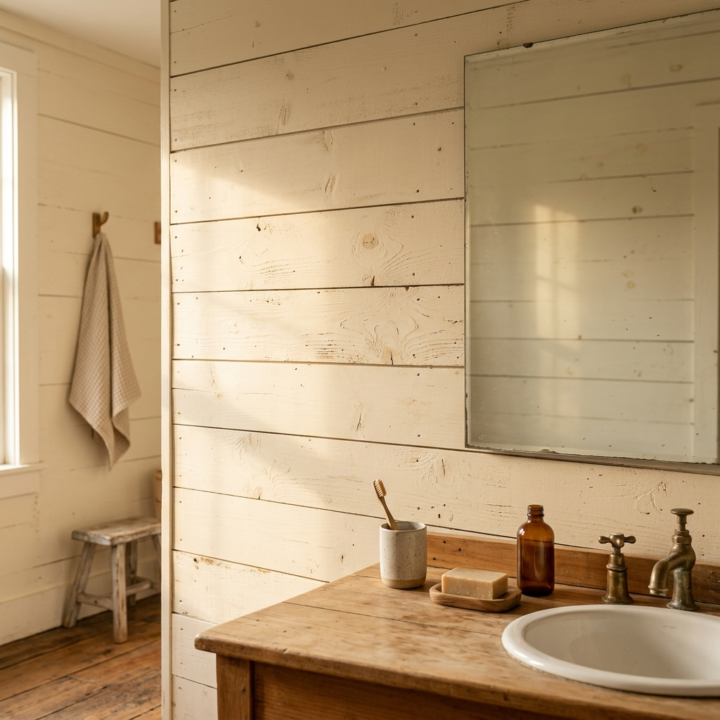 Bathroom at golden morning light, a bare stretch of wall where gifts for old man who has everything would live in daily view.