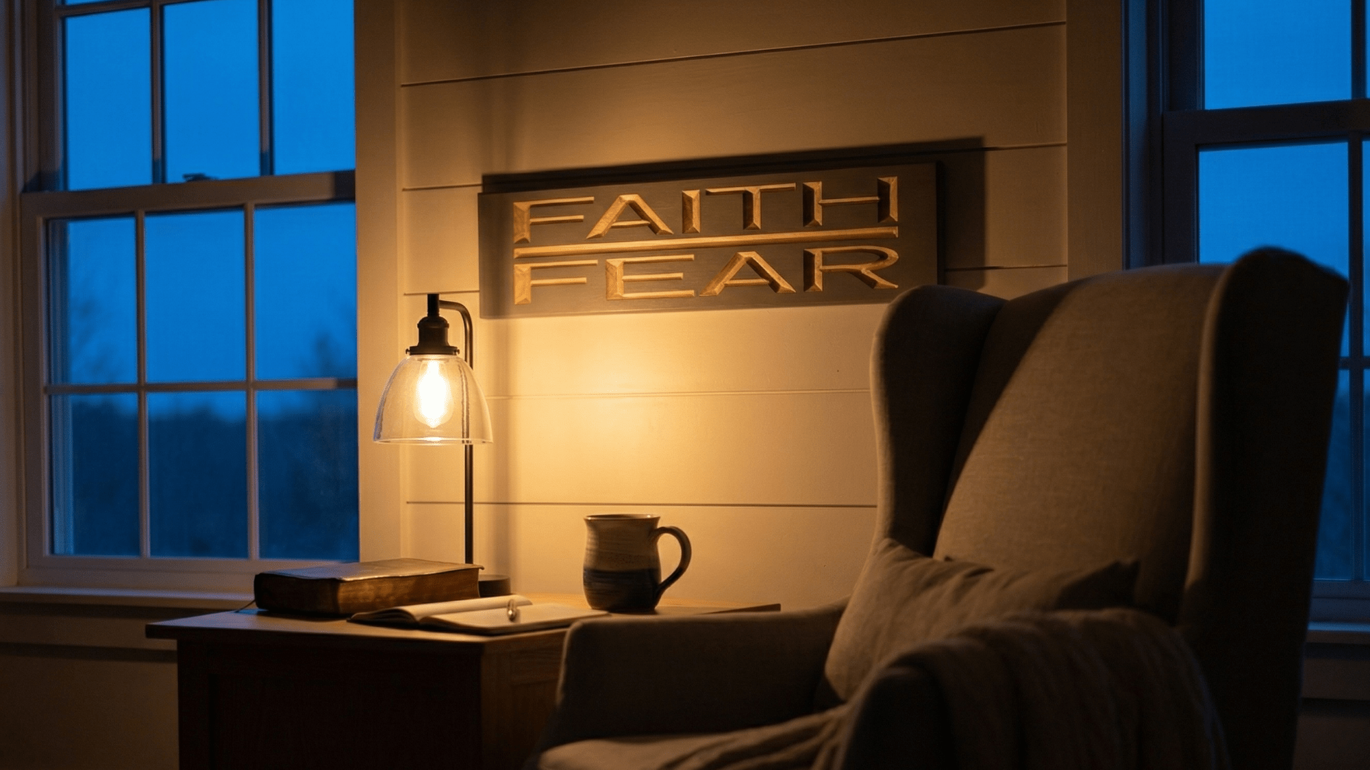 A tranquil faith corner featuring the 'Faith Over Fear' sign above a side table with a Bible and a steaming mug next to a cozy armchair — BluegrassGifts.com