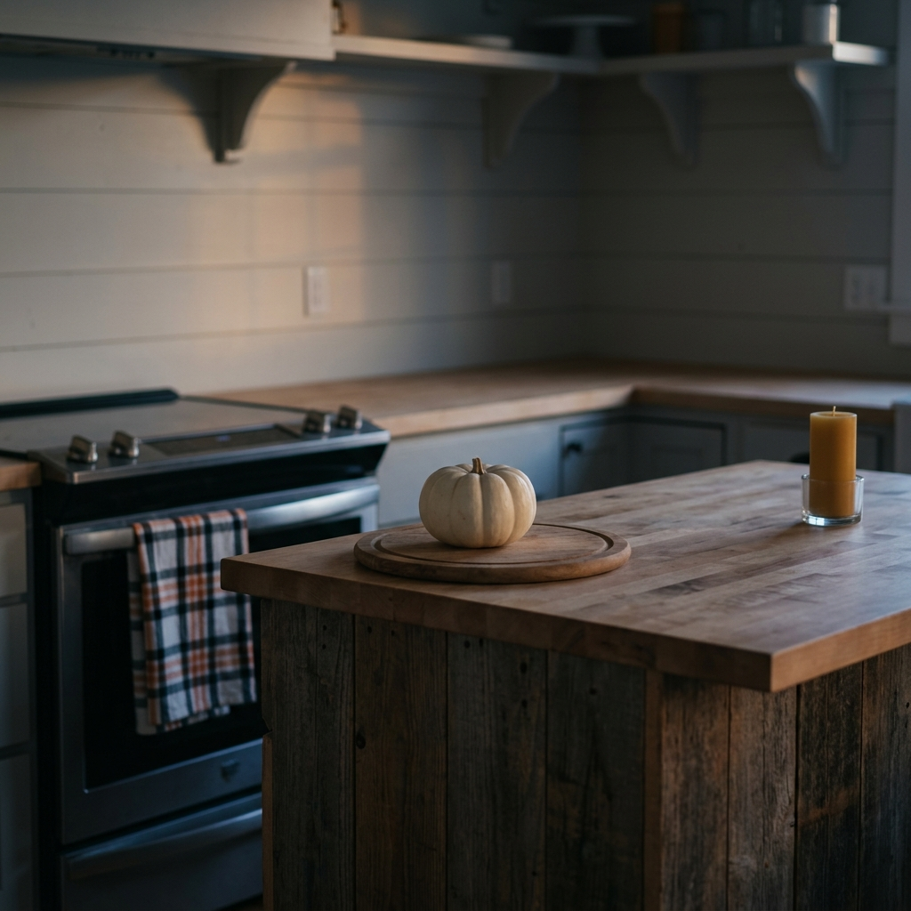 A kitchen island at dusk with a single white pumpkin on a wooden board, a black-and-orange dish towel over the oven handle, one candle, everything else clear.