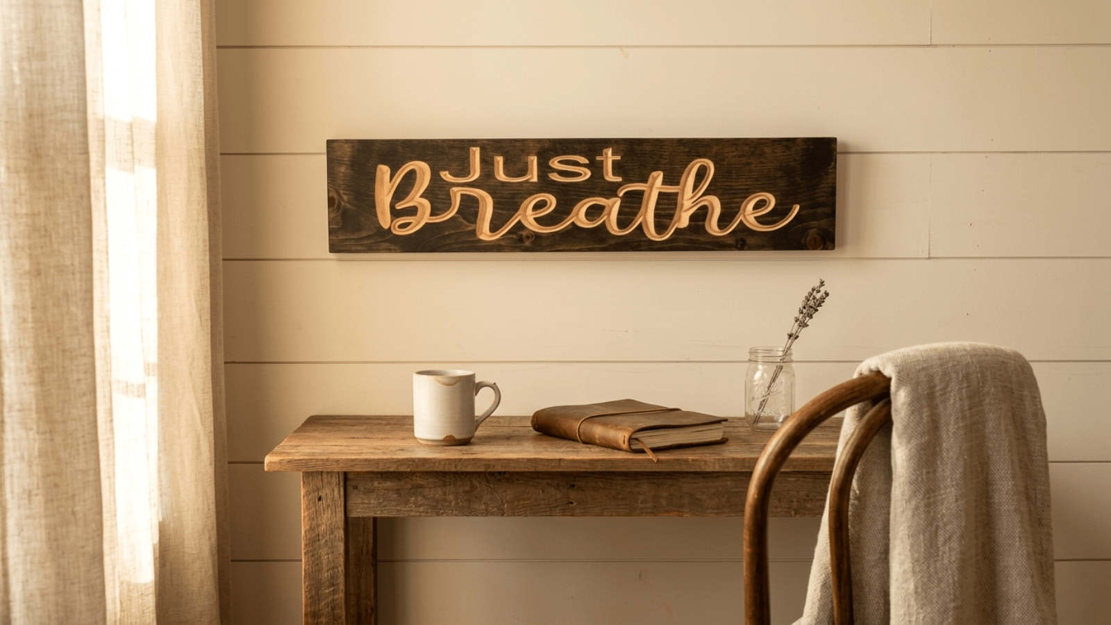 A 'Just Breathe' wooden wall sign hanging on cream shiplap above a reclaimed-wood writing desk with a chipped ceramic coffee mug, leather journal, and dried lavender in a mason jar, bathed in warm morning light