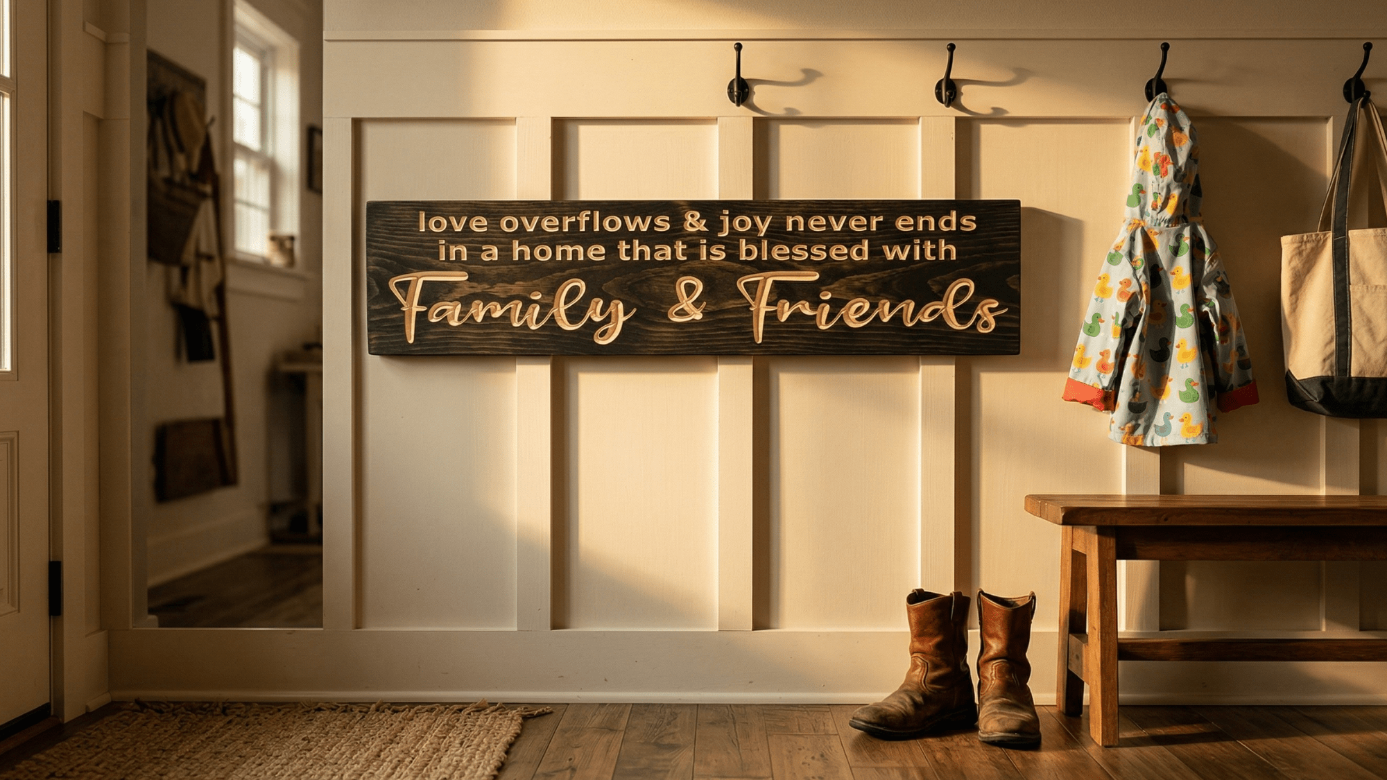 A rustic wood sign that reads 'love overflows & joy never ends' hangs on a cream board-and-batten wall in a cozy Southern mudroom with boots and coats.