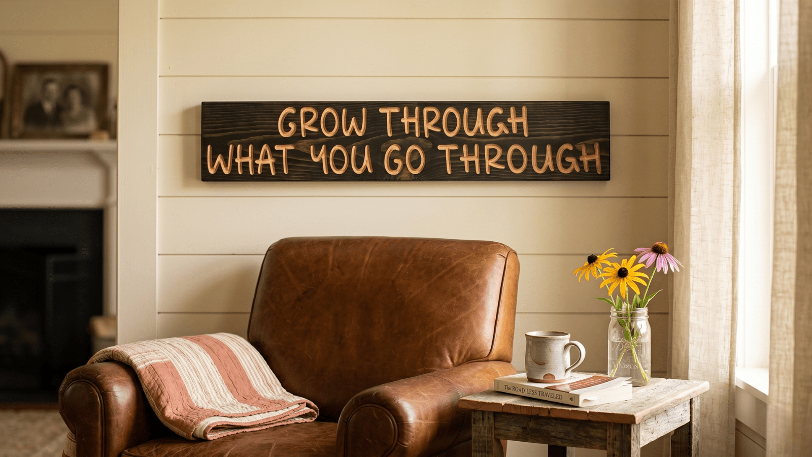 Inspirational wooden sign reading grow through what you go through hanging above a leather armchair with quilt and side table holding coffee mug and wildflowers in a cream shiplap farmhouse living room