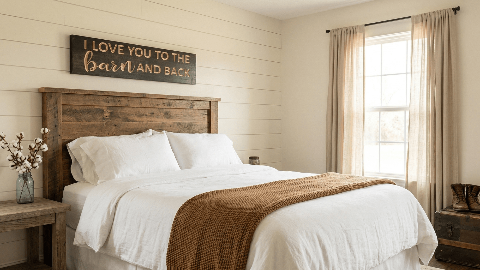 Rustic farmhouse bedroom with wooden love sign hanging above bed with white linens and brown throw blanket