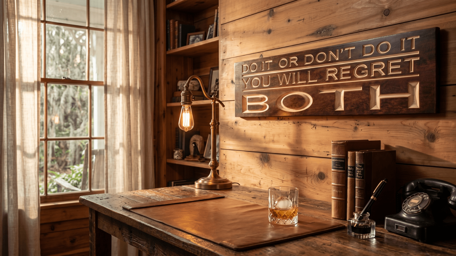 Sarcastic motivational sign reading 'Do It Or Don't Do It You Will Regret Both' hanging above rustic wooden desk in Southern home office with bourbon glass, vintage books, and brass lamp