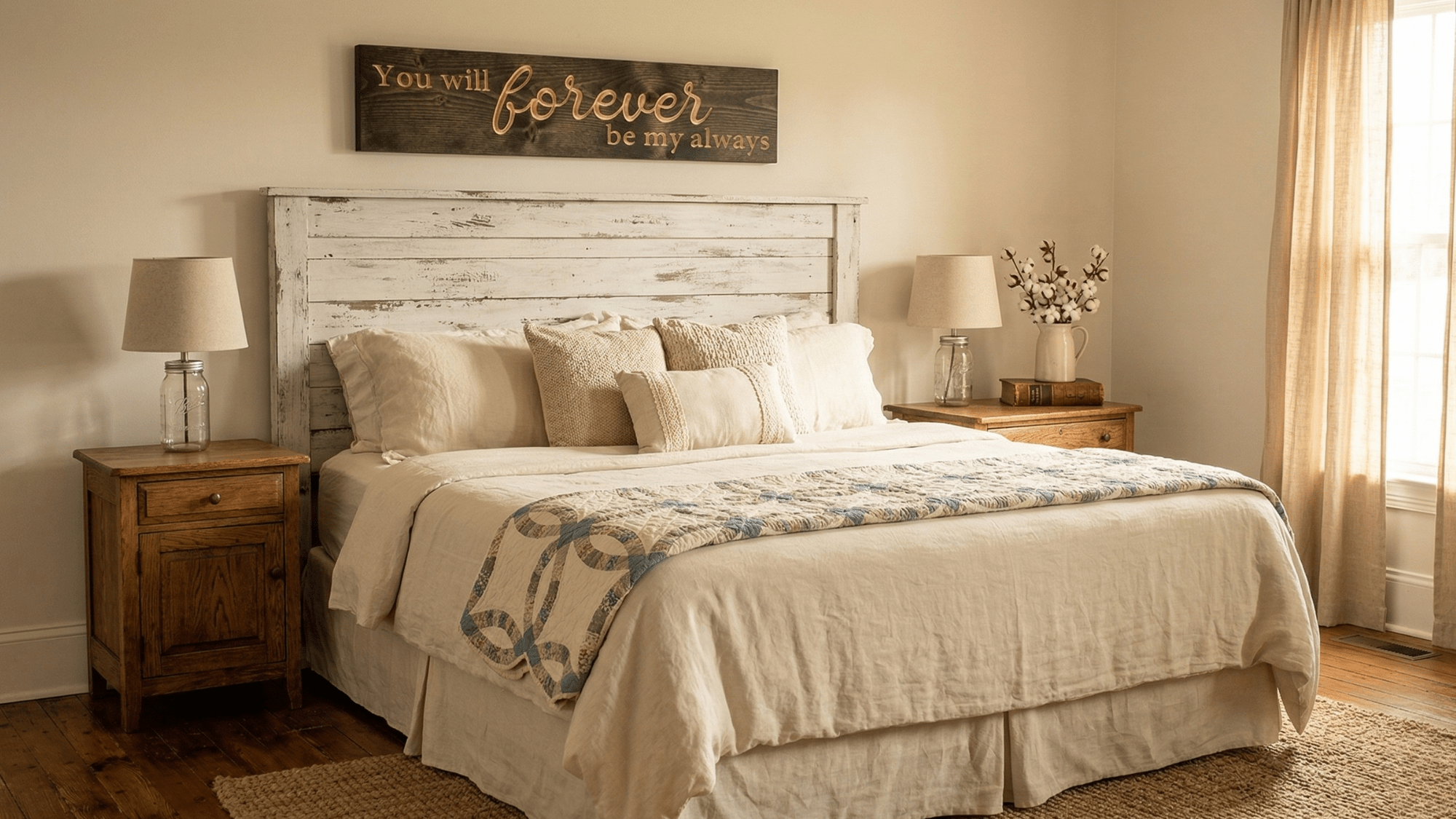Romantic wood sign reading You Will Forever Be My Always hanging above white shiplap headboard in farmhouse bedroom with cream linens and morning light