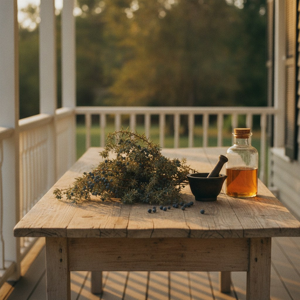 A weathered farmhouse porch table set with antique botanical apothecary tools and a mason jar of juniper berries, evoking the dramatic history of gin through moody golden-hour light.