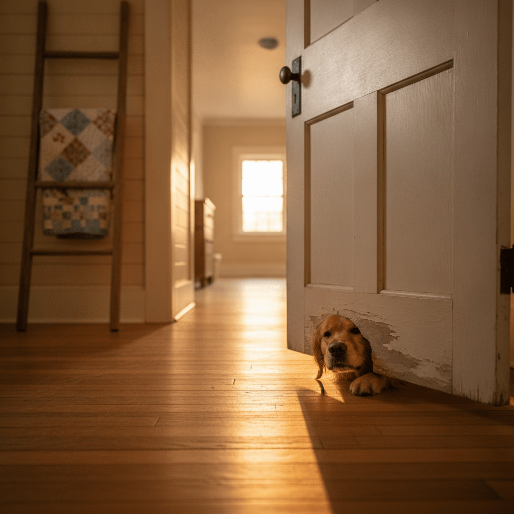 A golden retriever sits faithfully outside a farmhouse bathroom door, nose pressed to the gap at the floor, in warm morning light — the quiet way a dog says i love you without words.