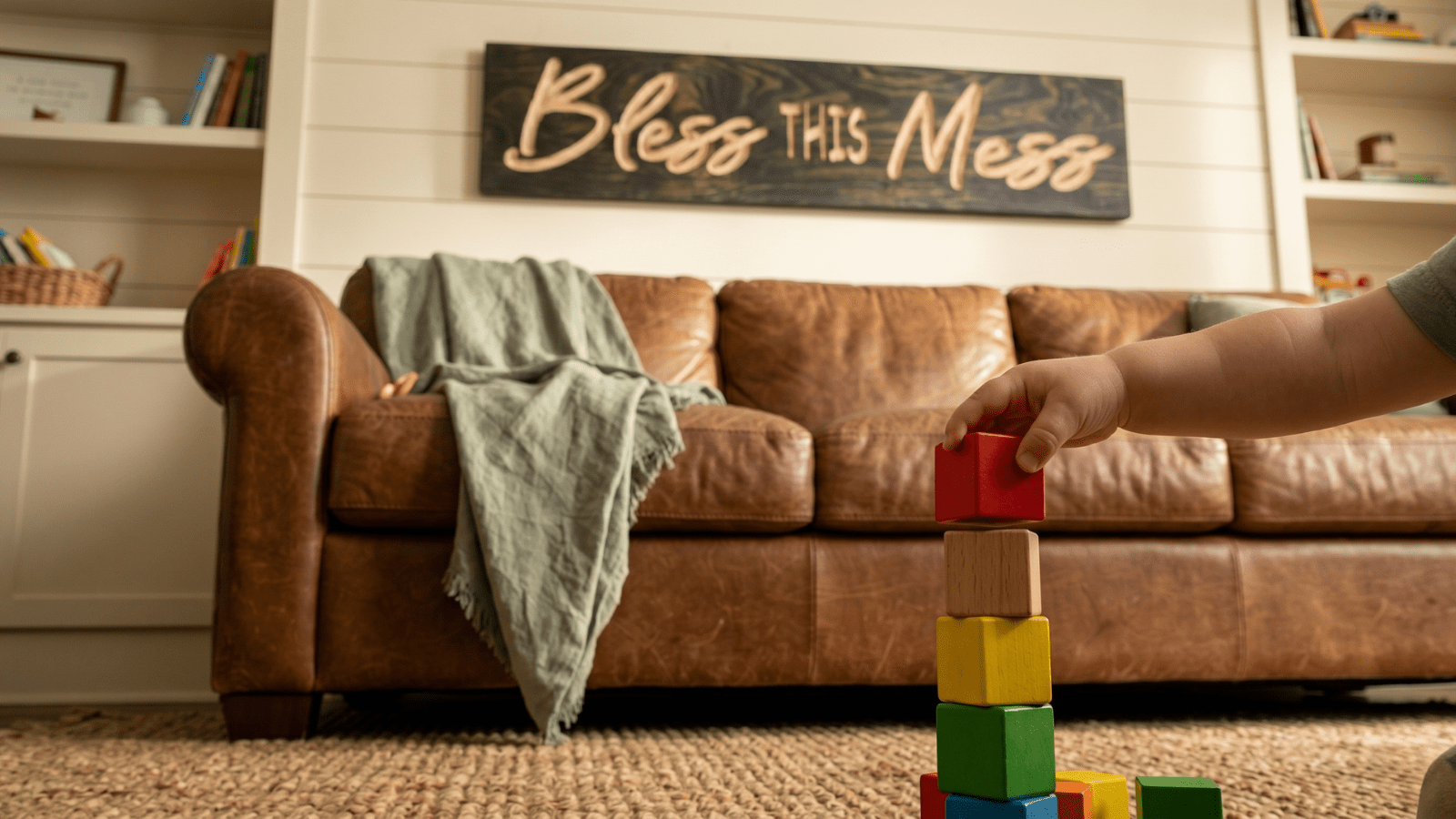 How to Style a Bless This Mess Sign in Your Family Room Without Hiding the Toys | Bluegrass Gifts