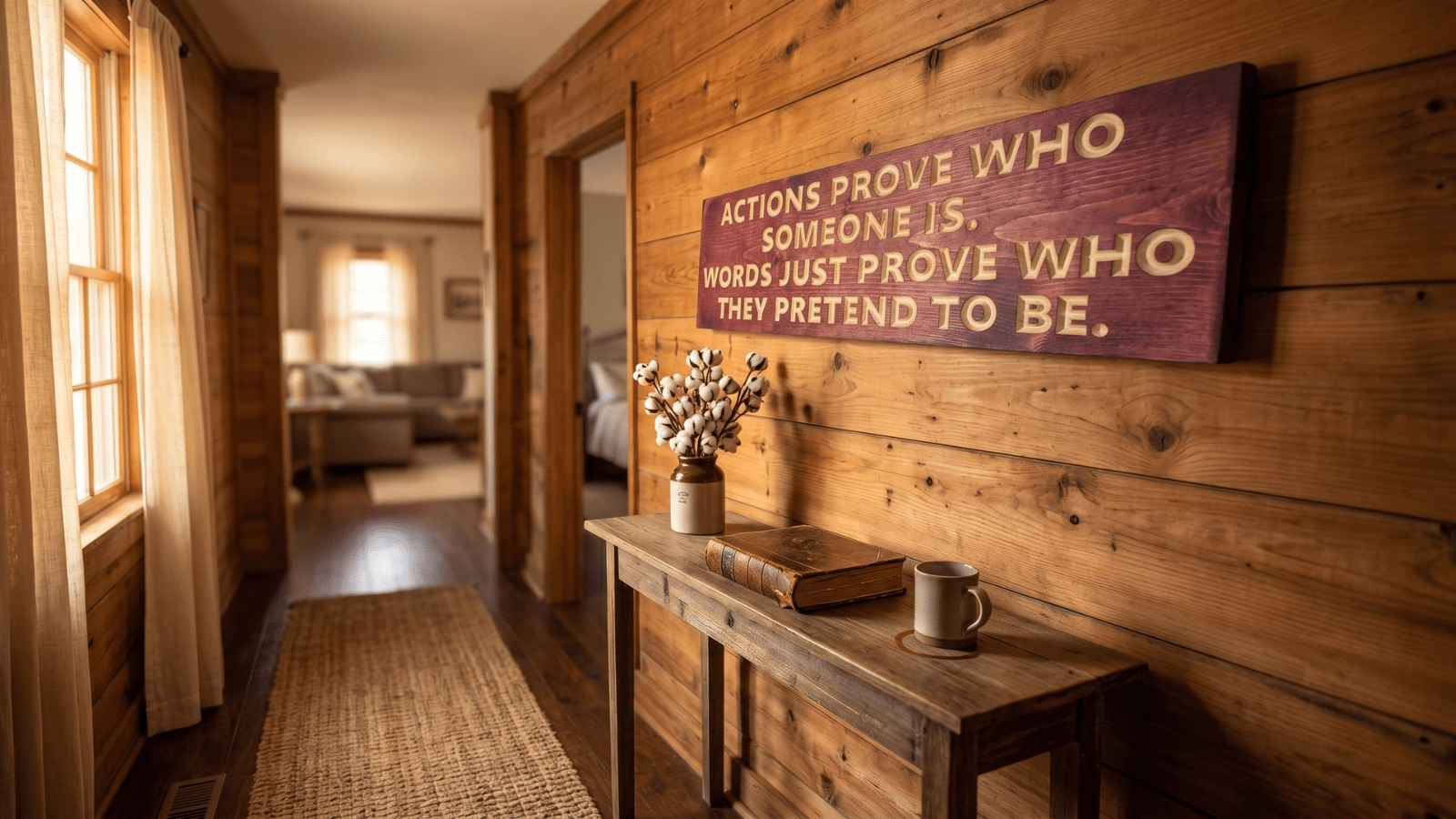 Rustic wooden motivational sign reading 'Actions Prove Who Someone Is. Words Just Prove Who They Pretend To Be' hanging on aged cedar paneling above a narrow console table with dried cotton stems, a leather journal