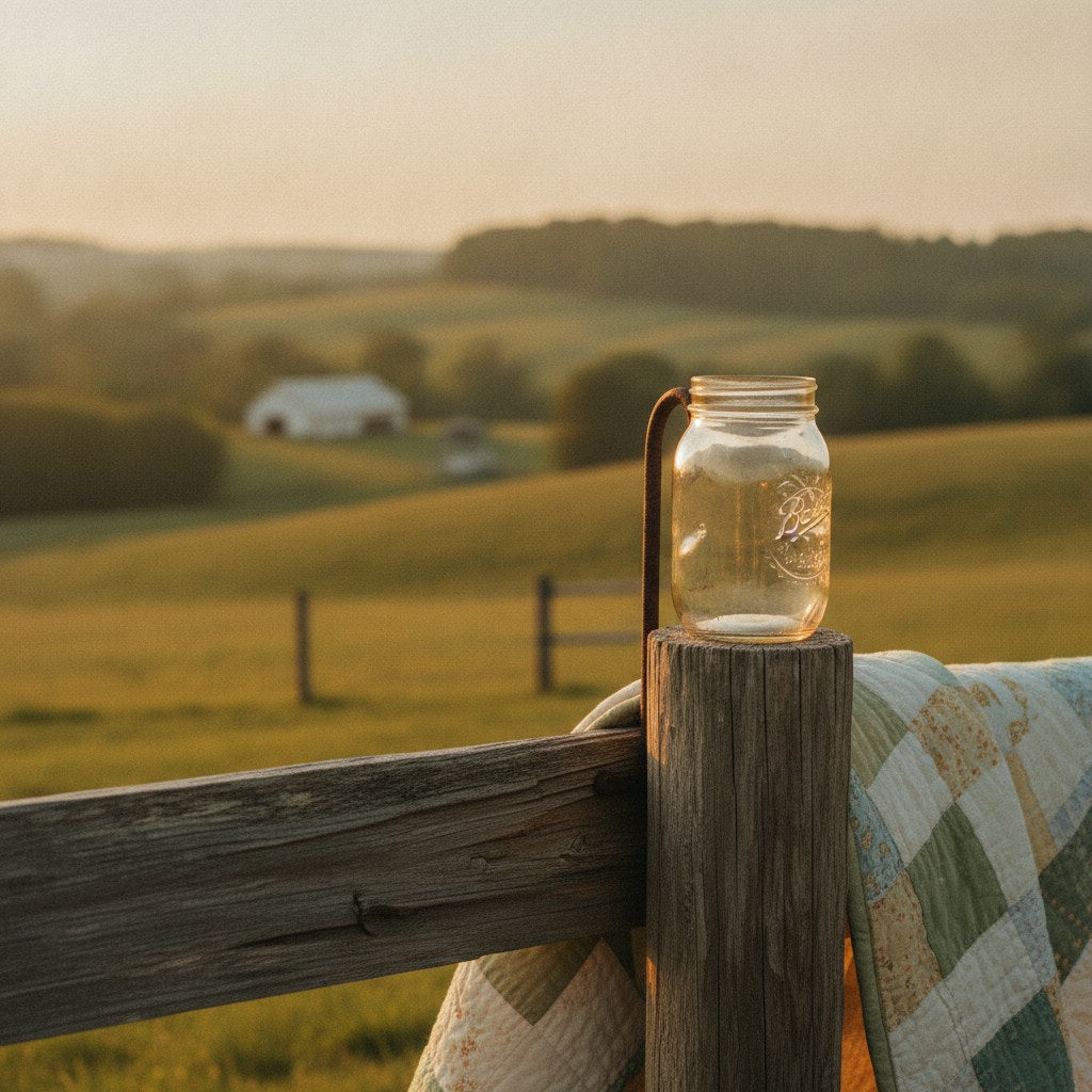 A sun-drenched Kentucky bourbon trail morning view across rolling bluegrass hills with a weathered wooden distillery fence stretching toward the horizon.