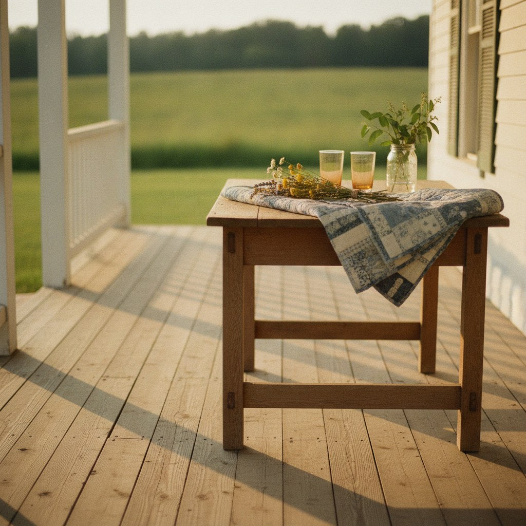 A farmhouse porch table spread with thoughtful Kentucky gifts including bourbon glasses, a folded quilt, and wildflowers in golden late-afternoon light.