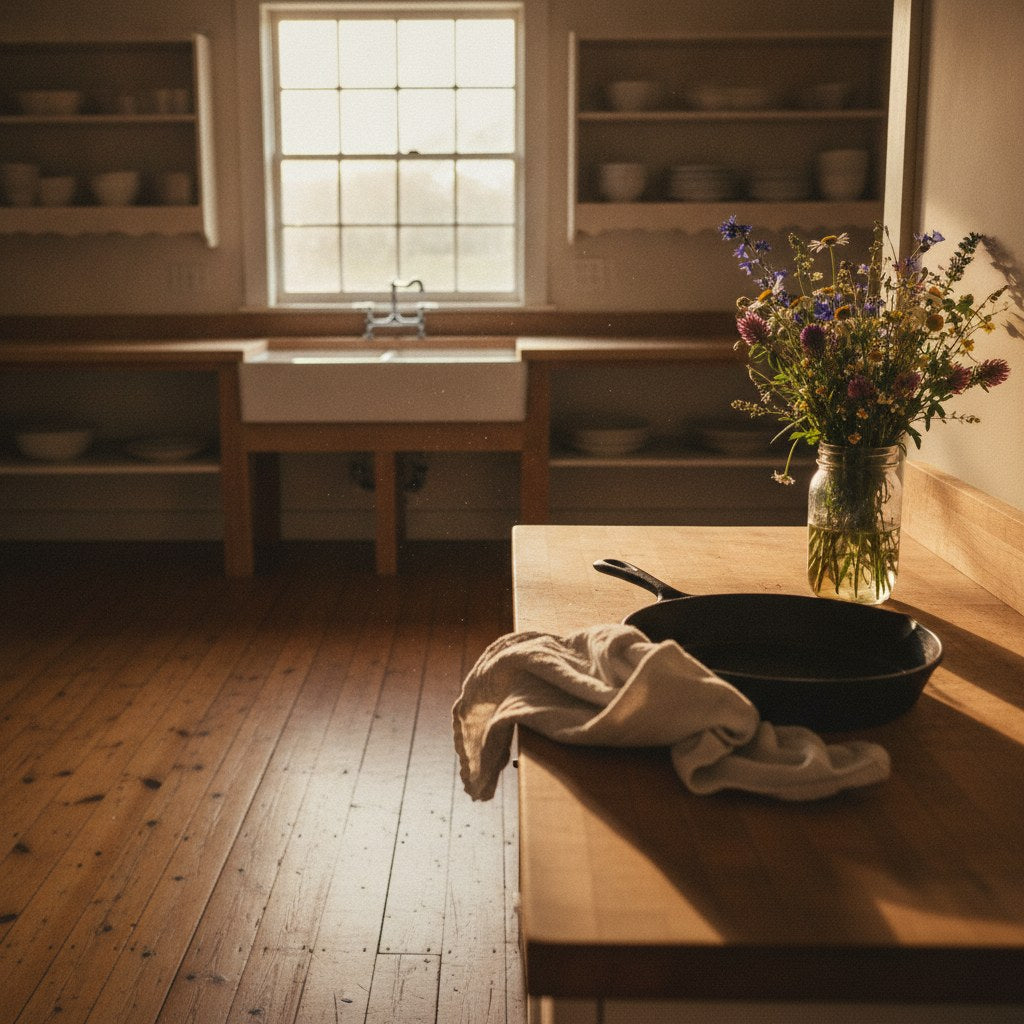 A sun-warmed farmhouse kitchen at golden hour where kitchen dancing seems to have just paused, a dish towel mid-swing on a worn wooden counter beside a cast iron skillet.