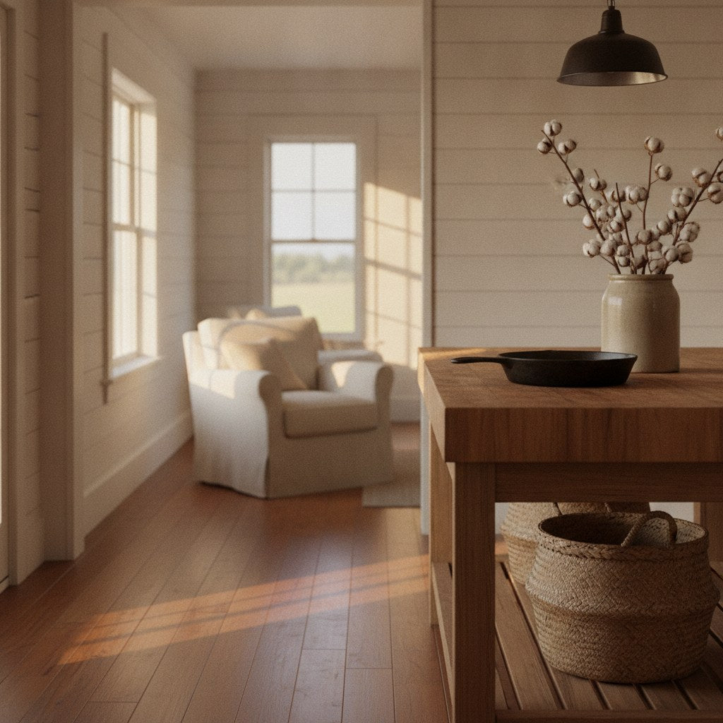 A warmly lit Southern farmhouse kitchen living room where the island flows into a comfortable sitting area, anchored by worn wood and golden evening light.