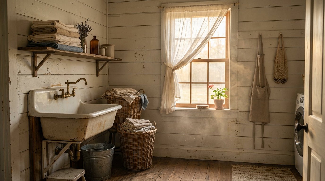 A sunlit Southern laundry room with stacked wicker baskets, folded linen towels, and a window casting warm morning light across worn shiplap walls.