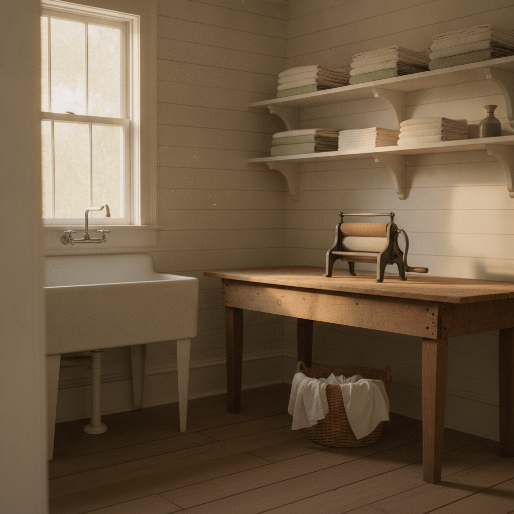A sun-drenched vintage laundry room with a deep farmhouse sink, worn wooden shelving, and cotton linens draped over a drying rack near an open window.