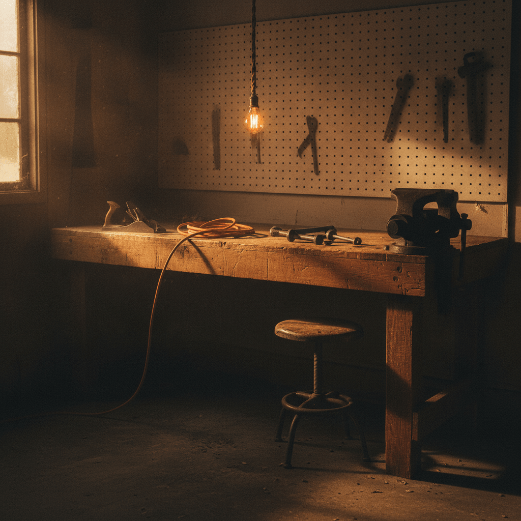 A warmly lit Southern garage man cave ideas space at golden hour, filled with vintage tools, a worn workbench, and a glowing Edison bulb overhead.