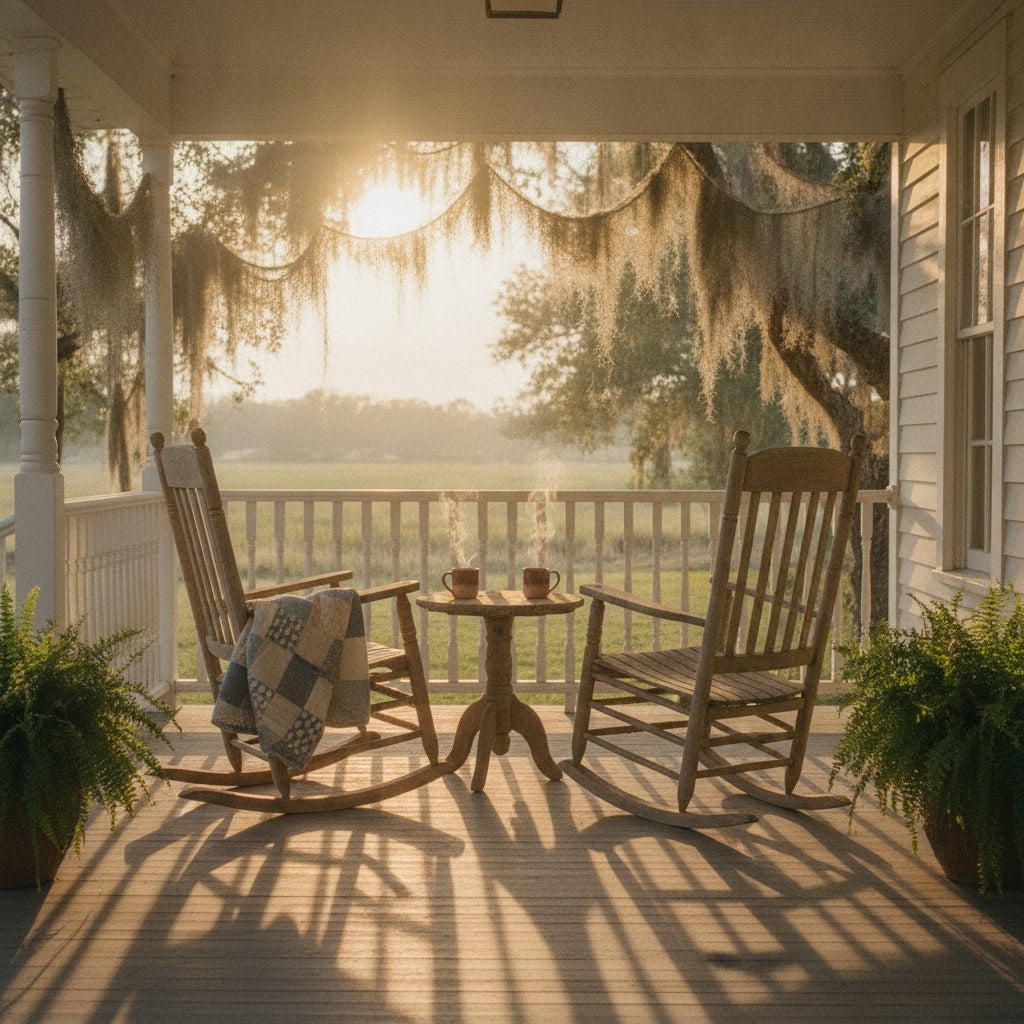 Two weathered rocking chairs side by side on a sunlit Southern farmhouse porch, the kind of scene that quietly embodies a lifetime of marriage advice.