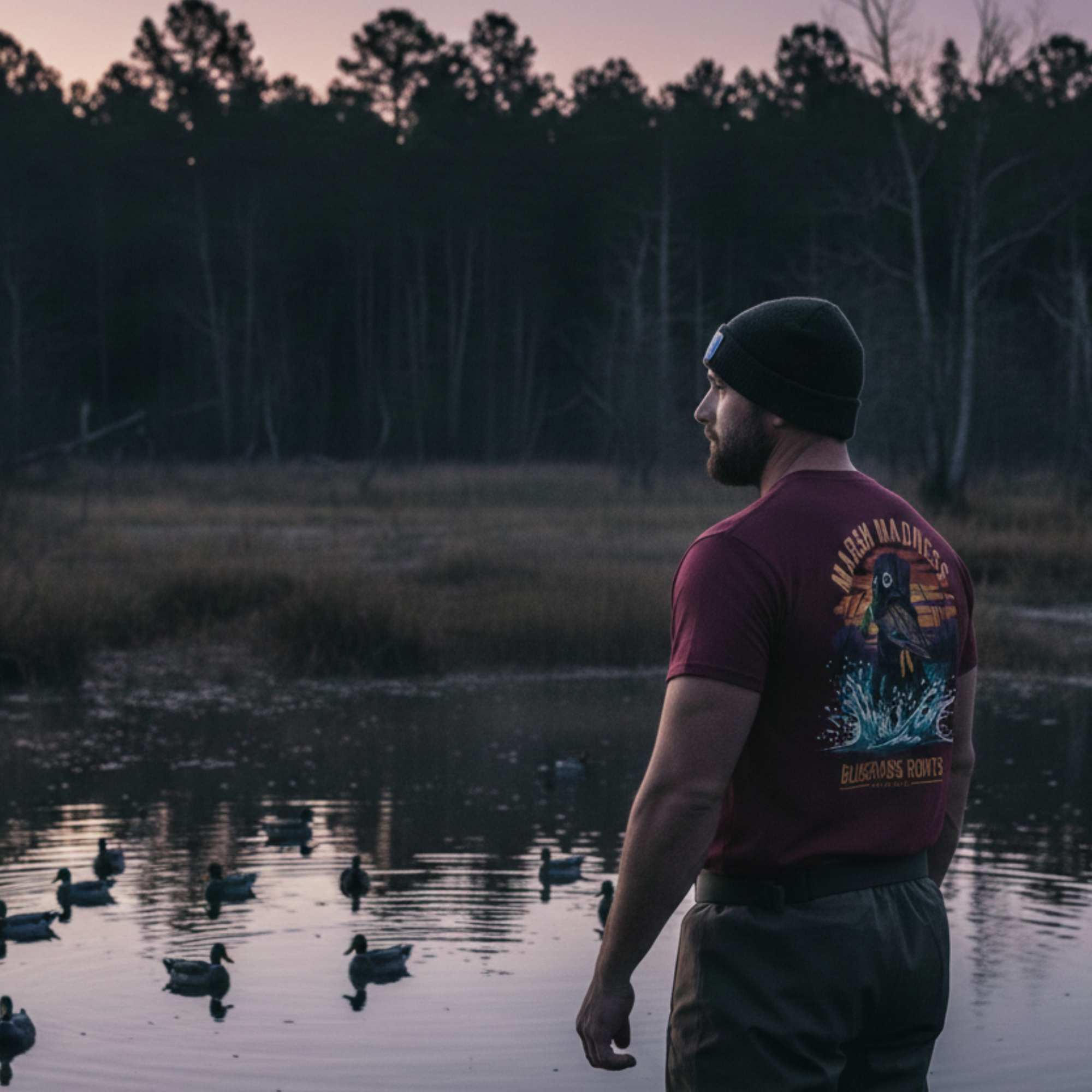 Hunter standing at the edge of a pond with duck decoys at dawn wearing a maroon Marsh Madness t-shirt.