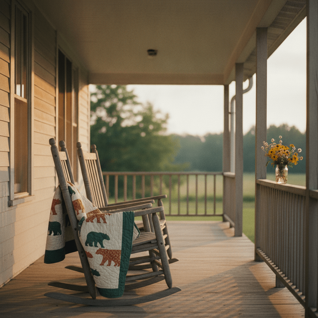 A sun-warmed farmhouse porch at golden hour with two rocking chairs side by side, a hand-stitched bear-motif quilt draped over one arm, and a mason jar of wildflowers on the weathered rail — a gentle nod to the myth that bears mate for life.