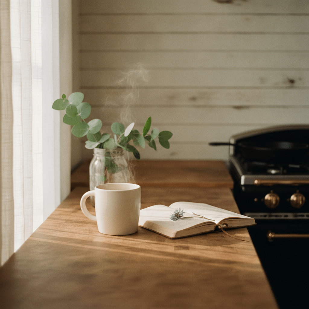 Warm morning light falls across a worn farmhouse kitchen counter where a steaming mug and open journal rest near a window, evoking the quiet mind setting rituals of an unhurried Southern morning.