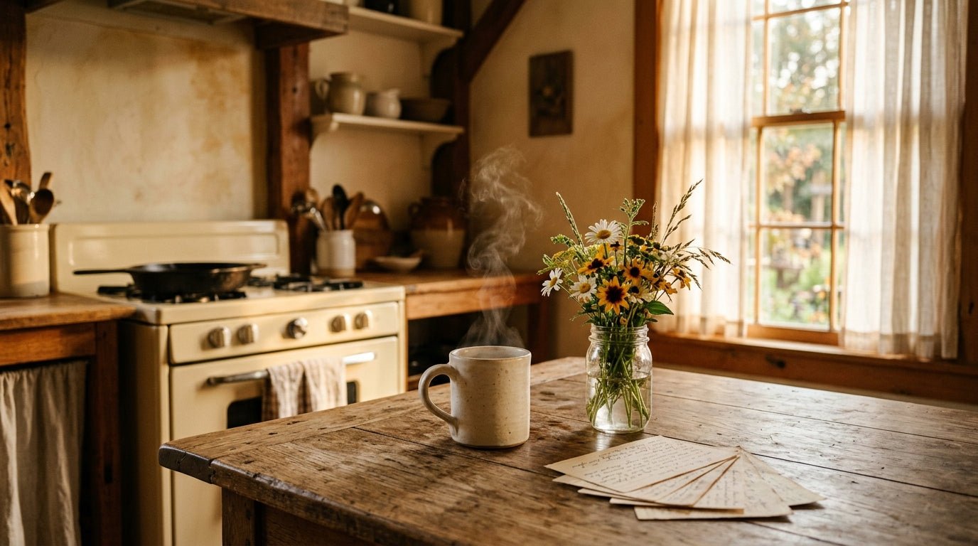 A sun-warmed farmhouse kitchen table set with a steaming mug and handwritten recipe cards, evoking the timeless wisdom behind the best moms day quotes.