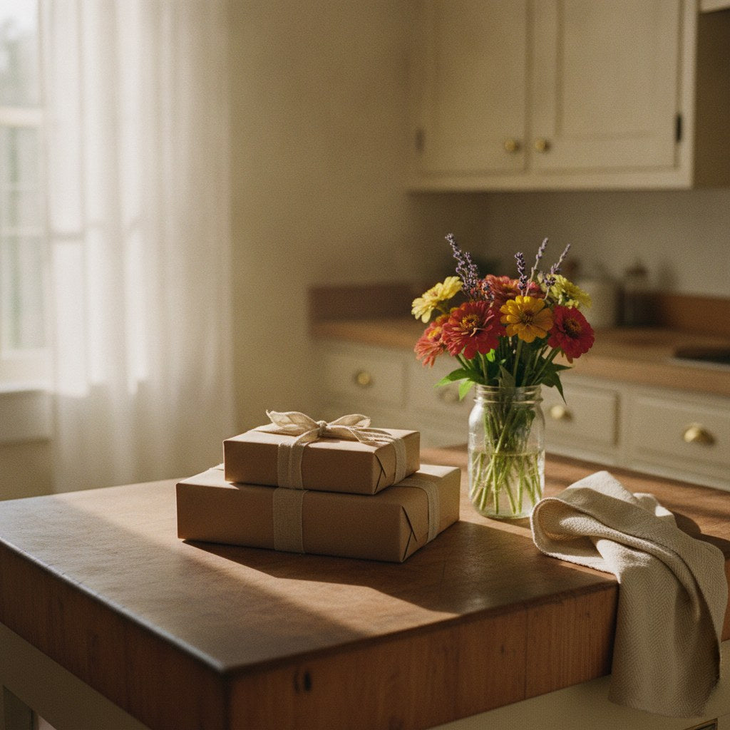 A sunlit Southern farmhouse kitchen counter styled with monogrammed gifts for her, including wrapped parcels tied with linen ribbon beside a mason jar of wildflowers.
