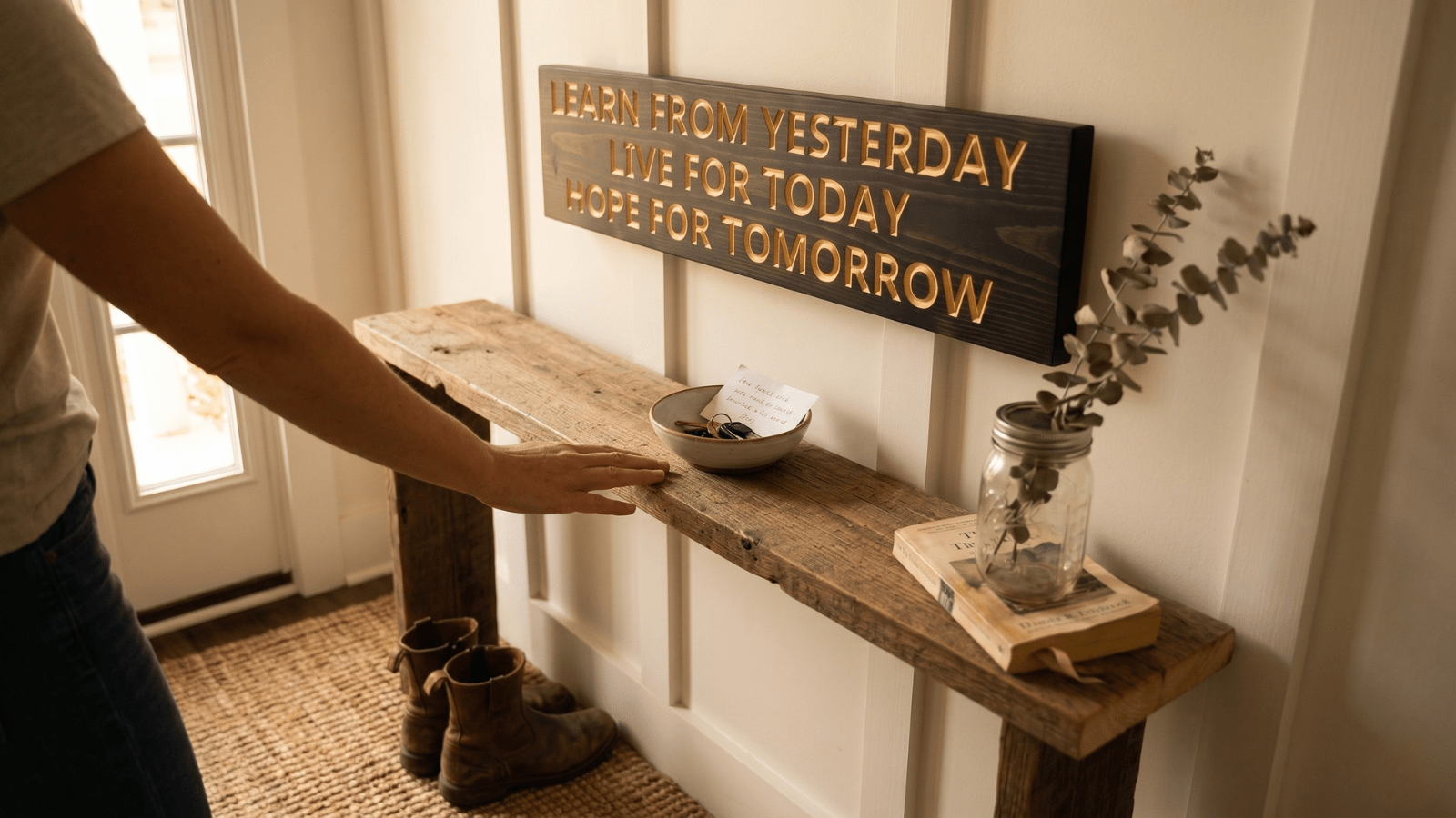 Inspirational wooden wall sign reading Learn From Yesterday Live For Today Hope For Tomorrow hung on cream shiplap above a linen-quilted farmhouse bed with a ceramic mug and wildflowers on a pine nightstand in warm morning light