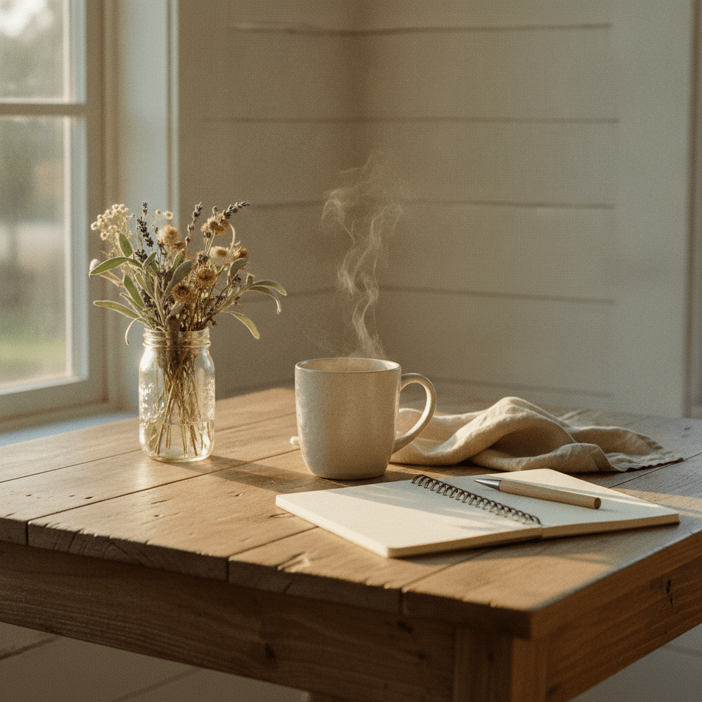 A sunlit farmhouse kitchen table set with a steaming ceramic mug and an open notebook, evoking the quiet unwritten rules of office etiquette through a warm, unhurried Southern morning scene.