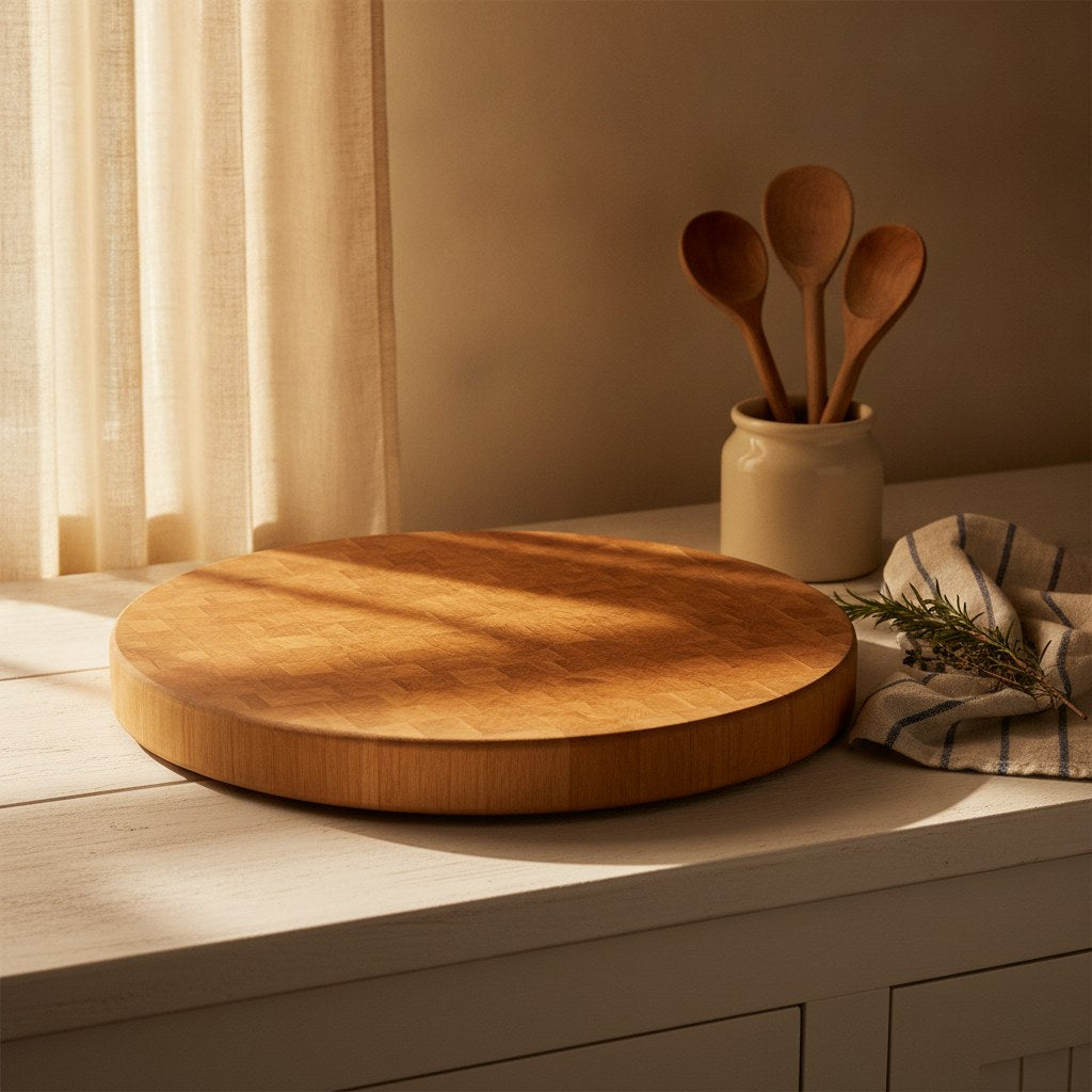 A worn farmhouse kitchen counter with a large thick-grain wood cutting board resting beside a small ceramic bowl of oil, bathed in warm morning window light.