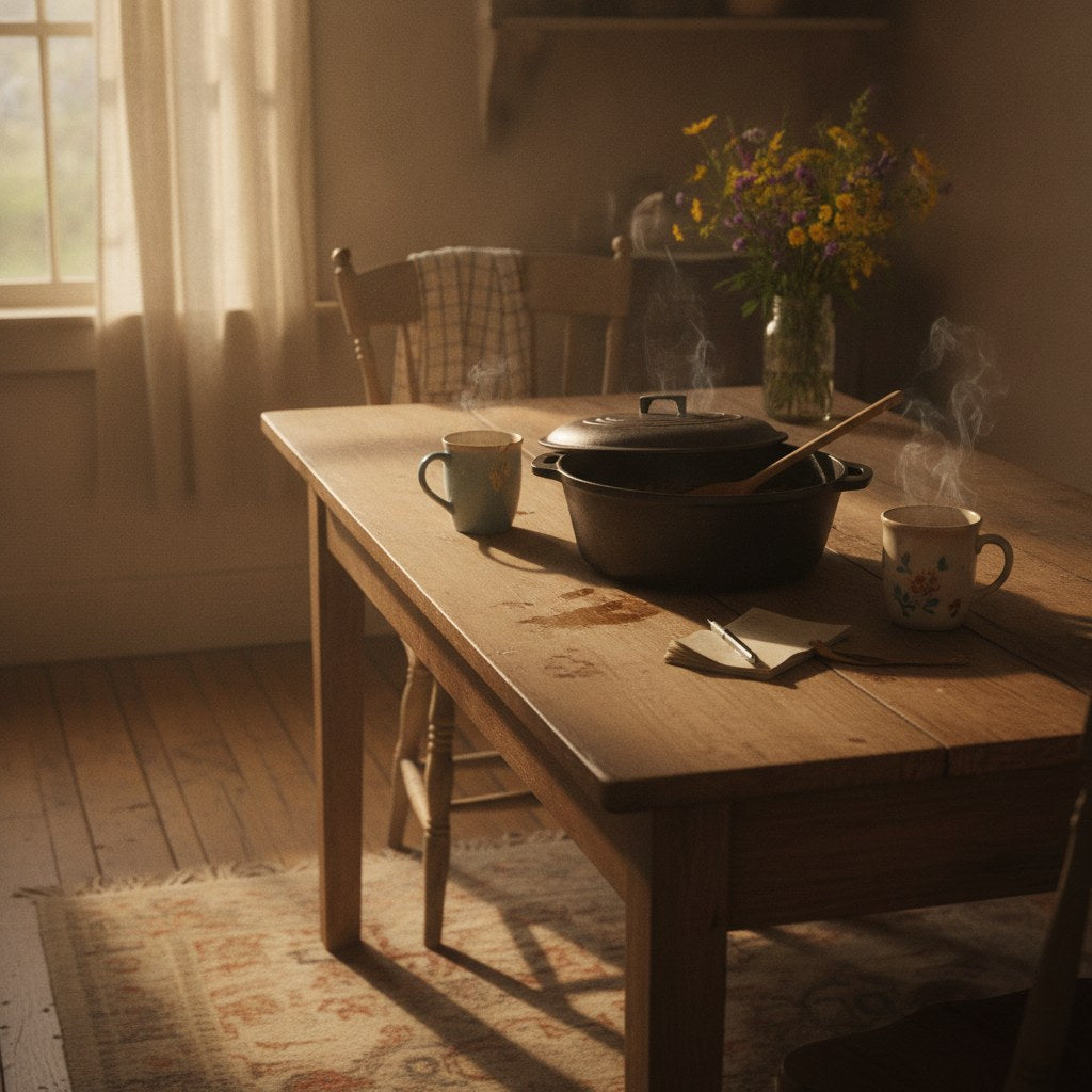 A worn farmhouse kitchen table at golden hour holding two mismatched coffee mugs, a half-eaten casserole dish, and a crumpled notepad — the quiet aftermath of parents of teenagers finding a moment to exhale.