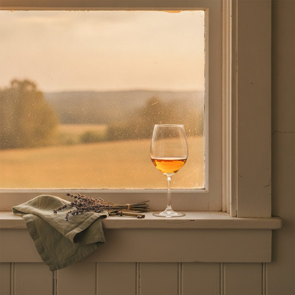 A farmhouse kitchen windowsill at golden hour with a glass of white wine, worn wood surface, and soft evening light suggesting the quiet relief of a long shift finally ending.