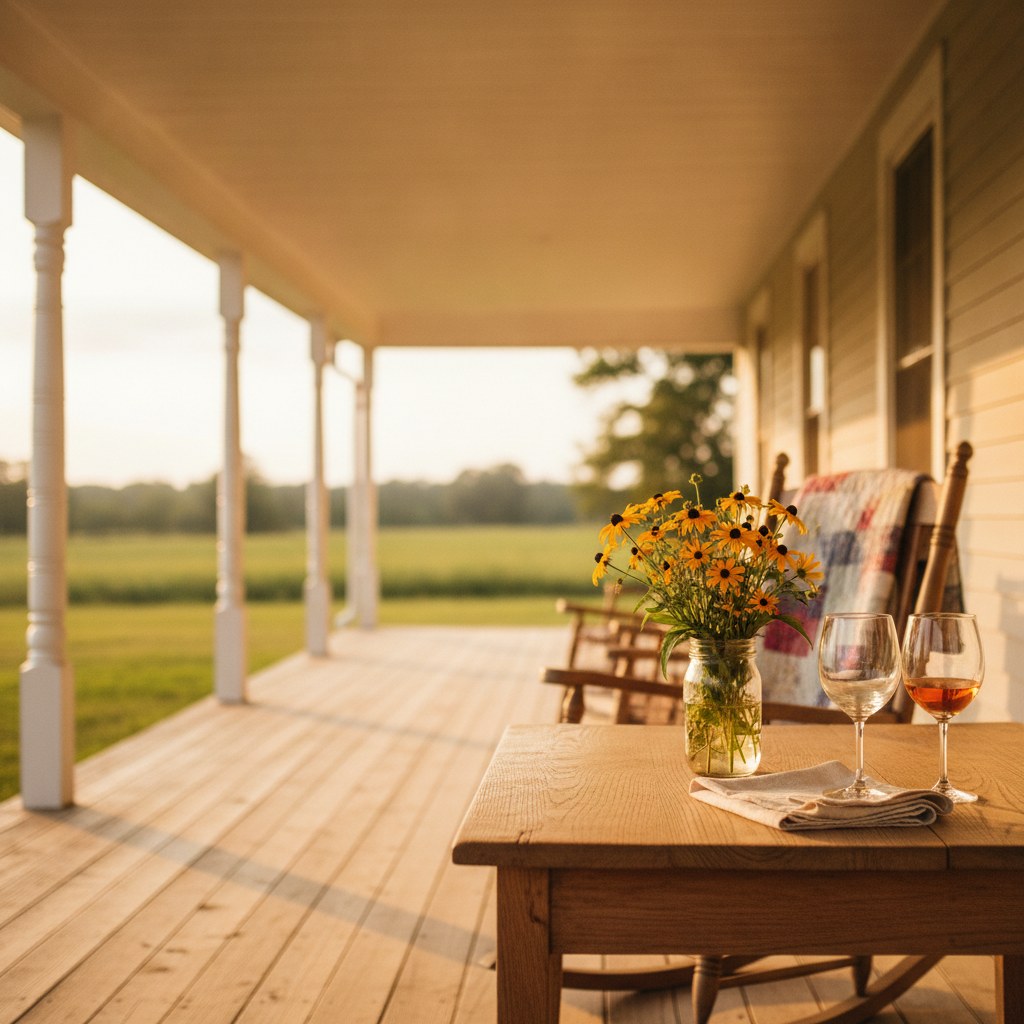 A sun-warmed farmhouse porch scene evoking the thoughtfulness behind personalized retirement gifts, with a weathered wooden table set with wine glasses, a linen napkin, and wildflowers in a mason jar.