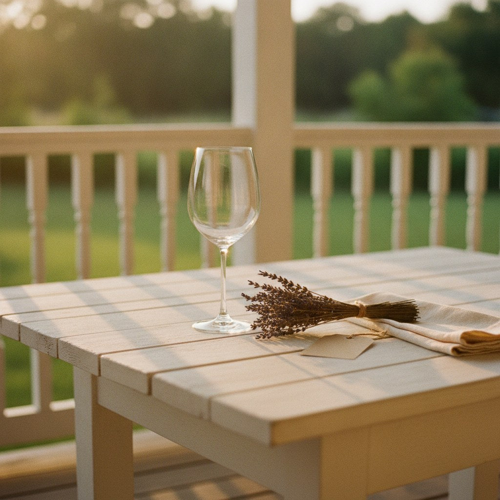 A sunlit farmhouse porch table styled with thoughtful personalized teacher gifts arranged among wildflowers and worn linen.