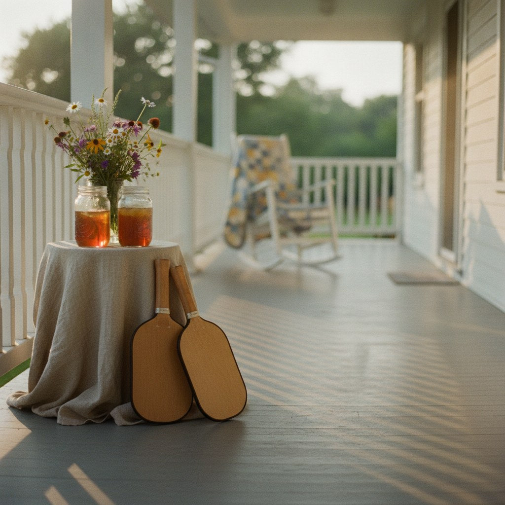 A sun-warmed Southern porch scene with pickleball paddles leaning against a weathered railing beside mason jars and a linen-draped side table, evoking the spirit of thoughtful pickleball gifts for devoted players.