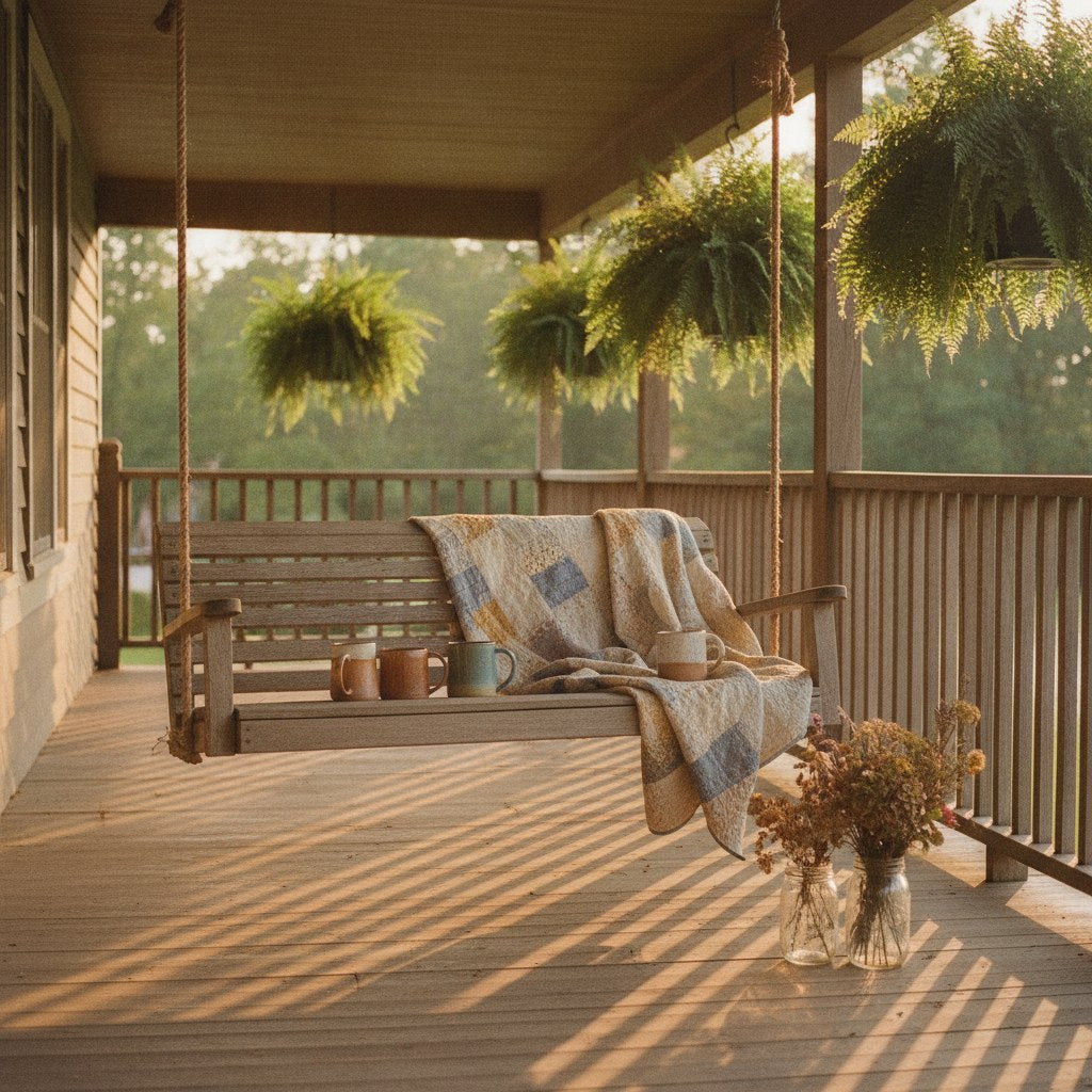 A sunlit farmhouse porch swing draped with a faded quilt, surrounded by mason jars and mismatched coffee mugs, evoking the warmth of witty quotes about family passed down through generations.