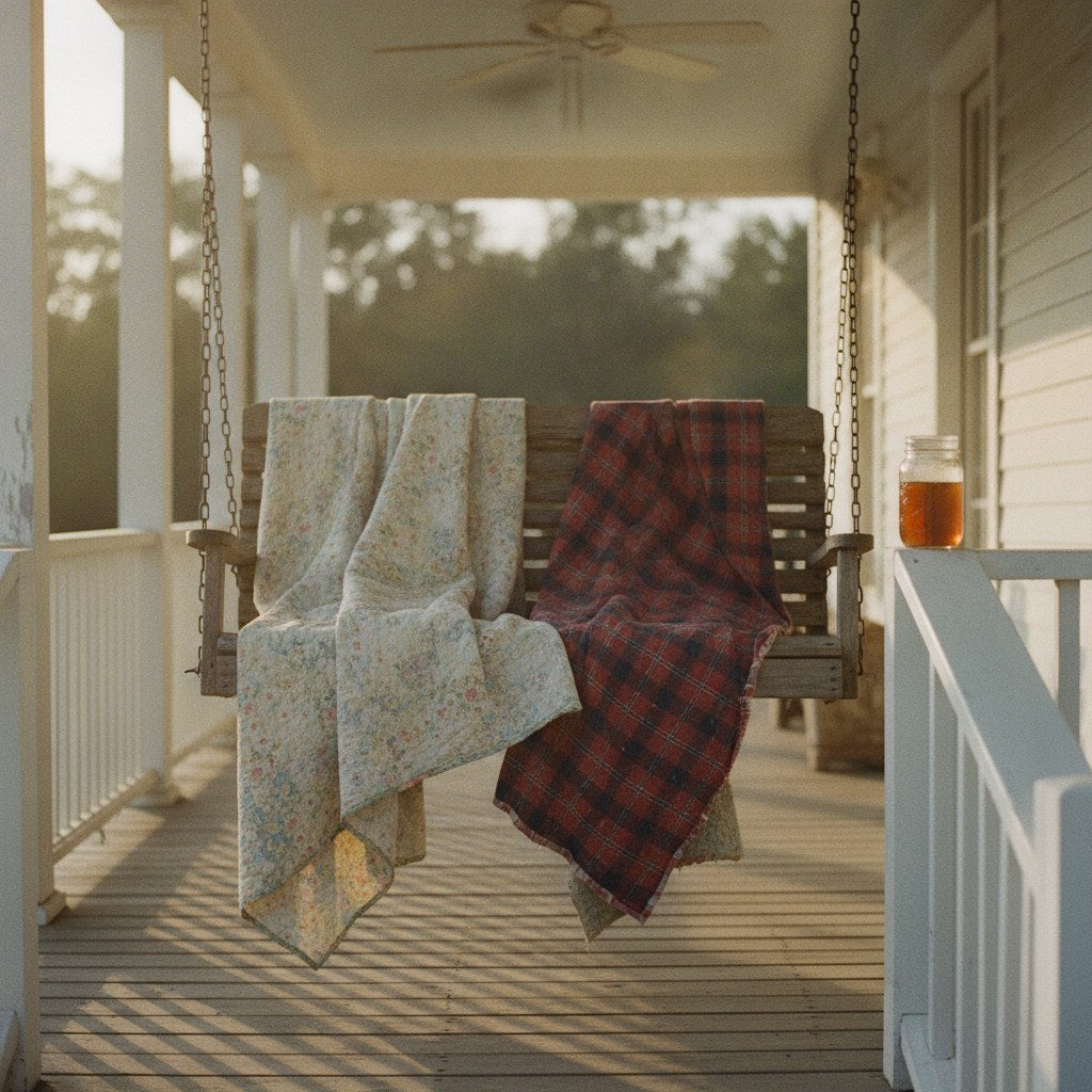 A sun-warmed farmhouse porch swing holding two mismatched quilts side by side, evoking the funny quotes about siblings who remember childhood differently.