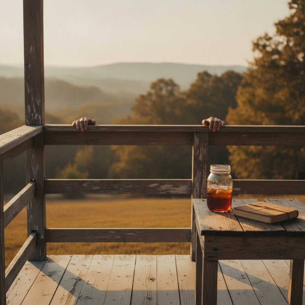 A worn farmhouse porch at golden hour overlooking a misty Southern bottomland treeline, evoking the quiet observation behind the best quotes about wildlife.