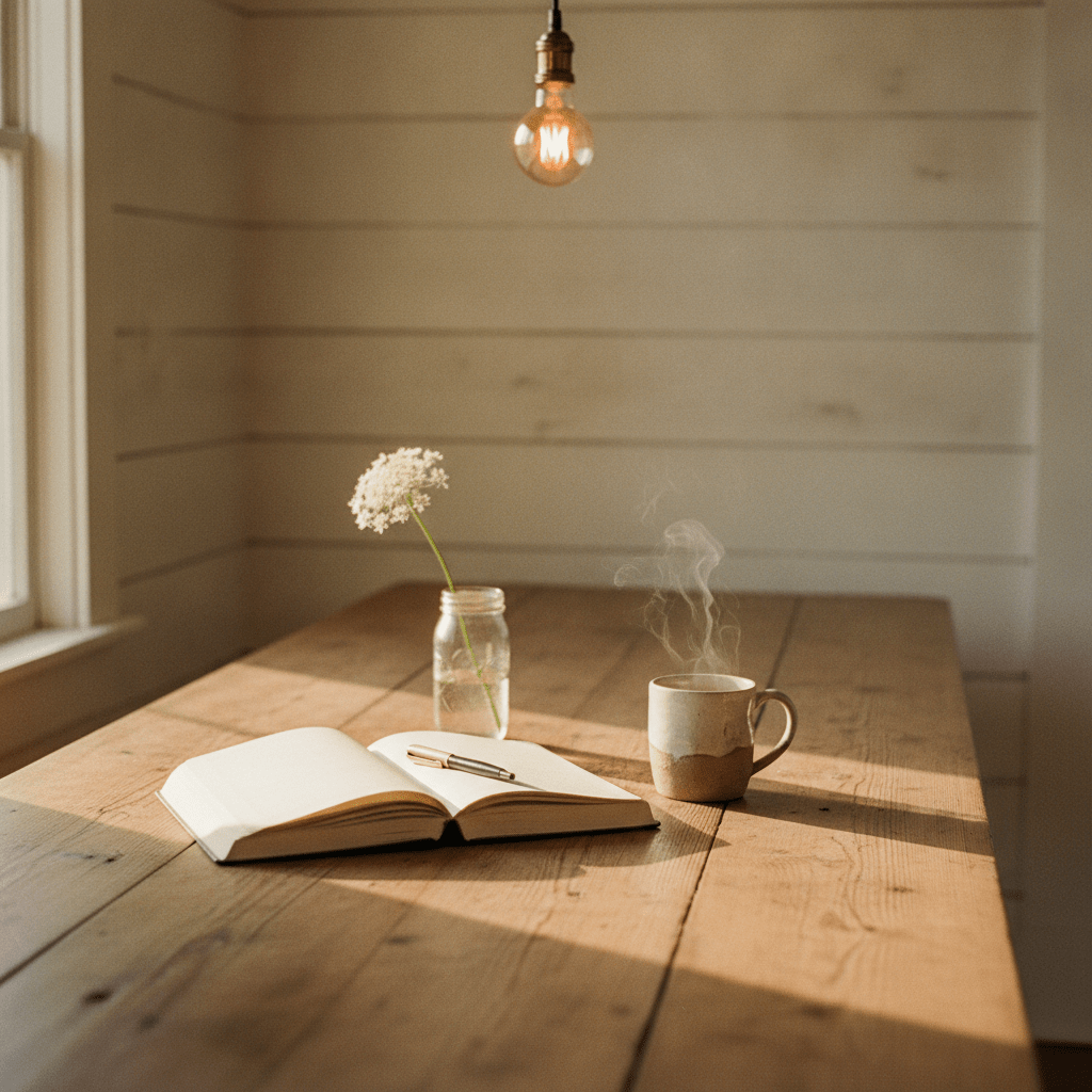 A worn farmhouse kitchen table bathed in golden morning light, scattered with an open journal, a steaming ceramic mug, and a single wildflower in a mason jar — the kind of quiet scene that inspires sarcasm quotes about life over a slow cup of coffee.