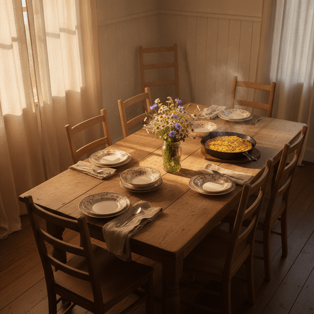 A farmhouse dining table set for sunday dinners in the South, bathed in warm afternoon light streaming through sheer curtains.