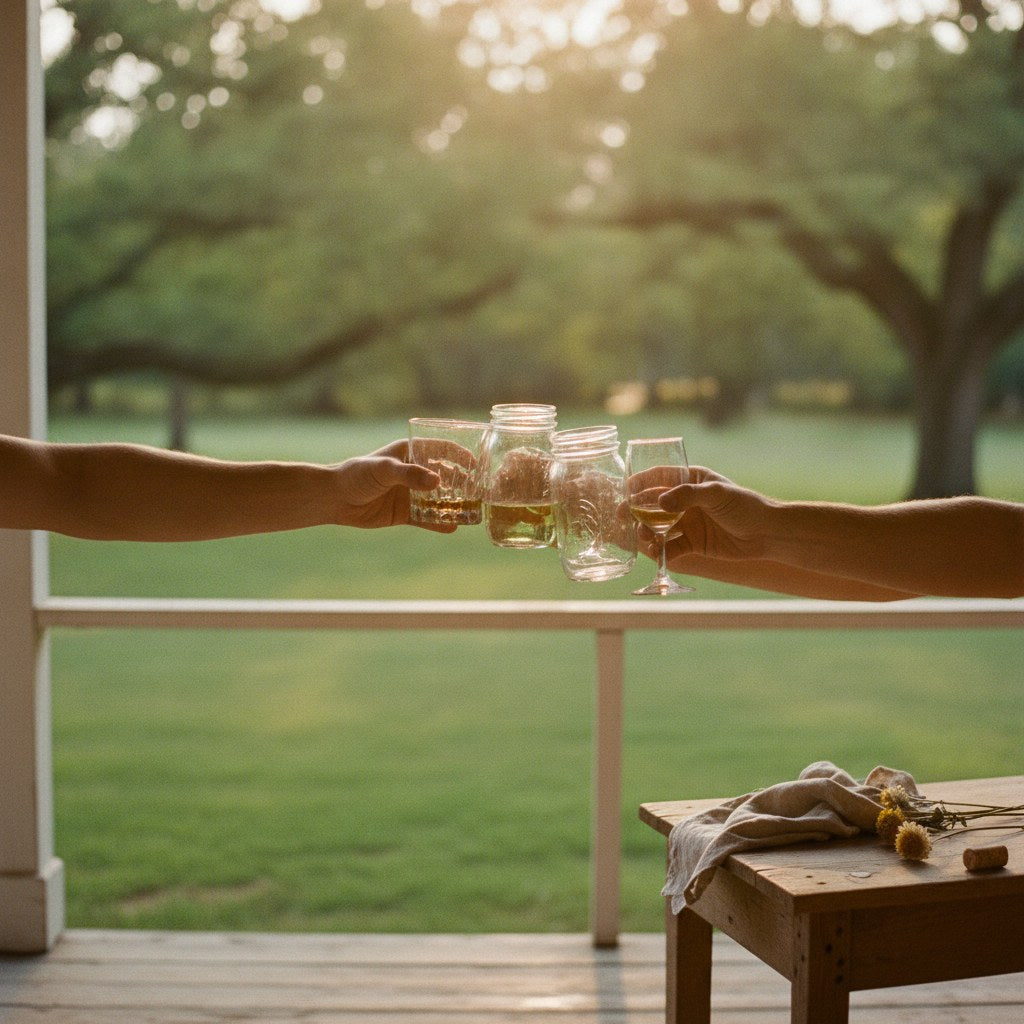 Four mismatched vintage glasses raised mid-toast for drinking on a weathered farmhouse porch at golden hour.