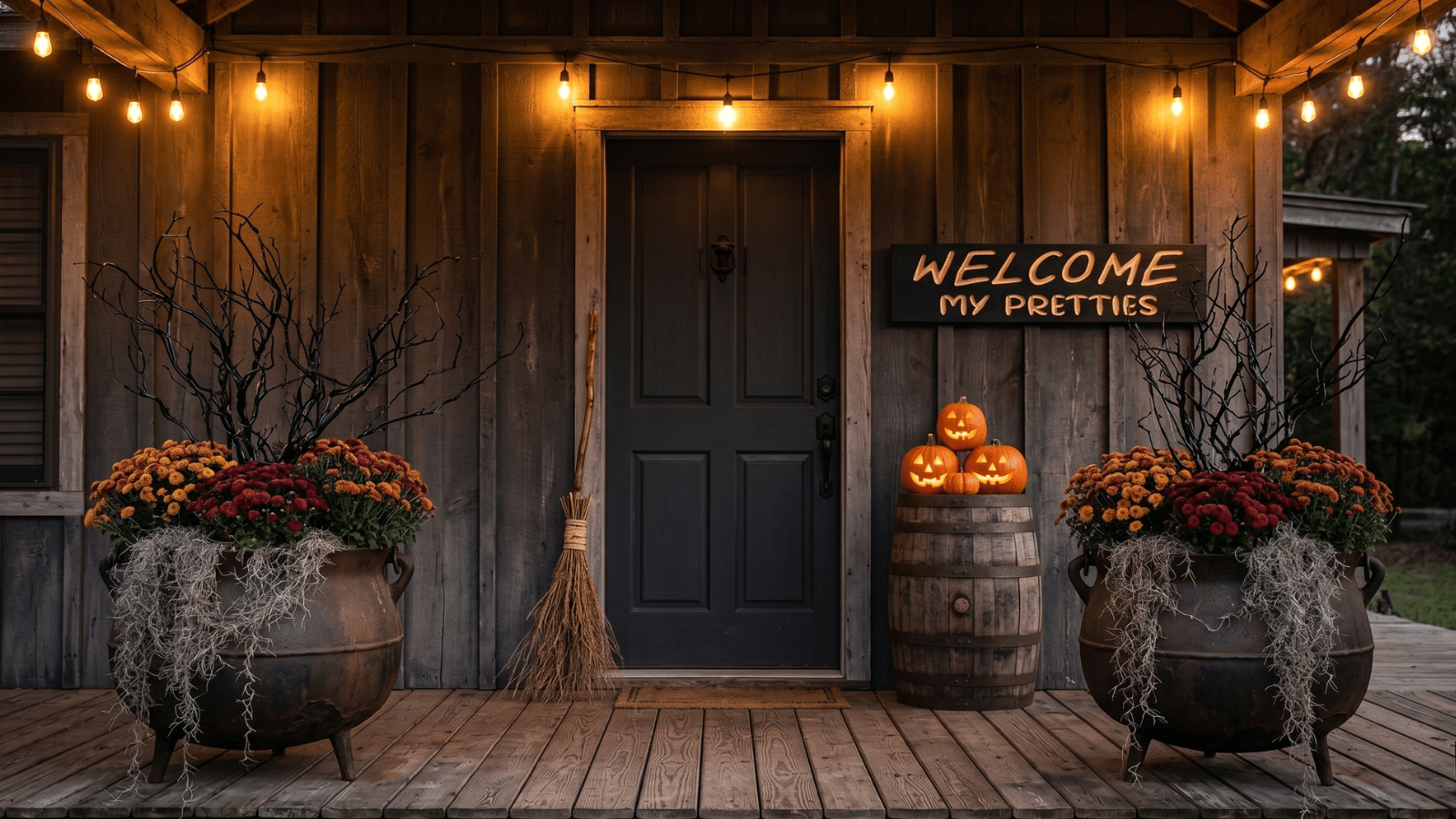 Welcome My Pretties Halloween sign hanging on a weathered board-and-batten farmhouse front porch at dusk, flanked by cast iron cauldrons with Spanish moss, dried branches, and carved pumpkins glowing in warm amber Edison string light
