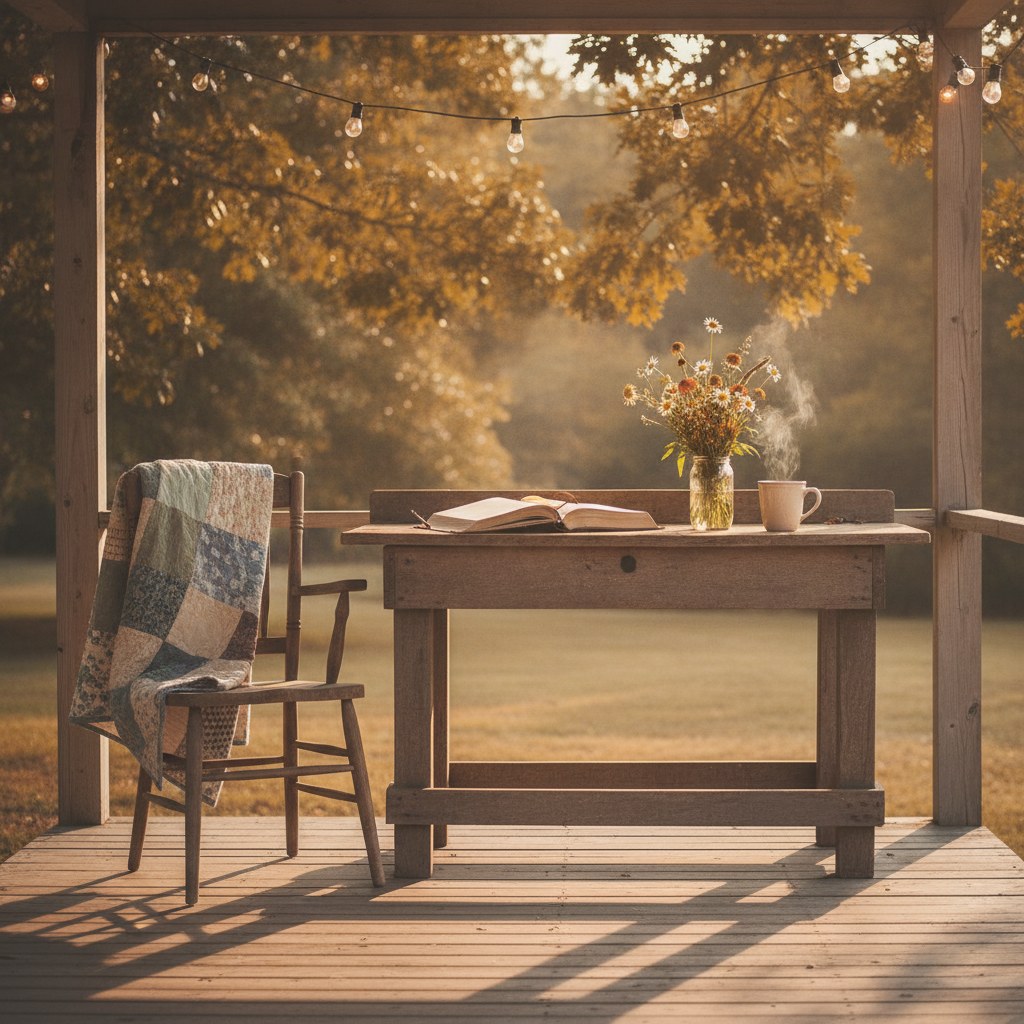 A sunlit farmhouse porch desk scene evoking the quiet confidence at the heart of women leadership, with a worn leather journal, a steaming mug, and golden morning light spilling across aged wood planks.
