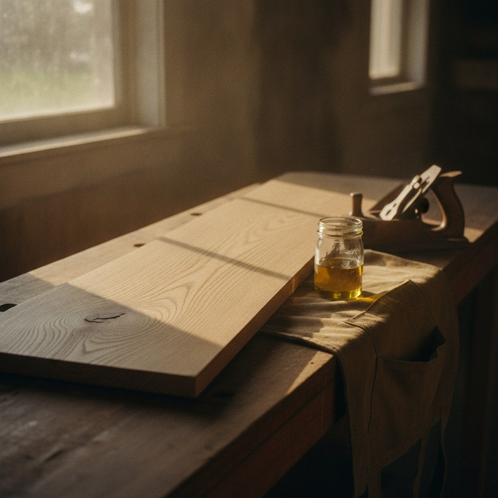 Close view of a weathered oak plank on a farmhouse workbench, its wood grain sweeping in long amber arcs through warm morning light.