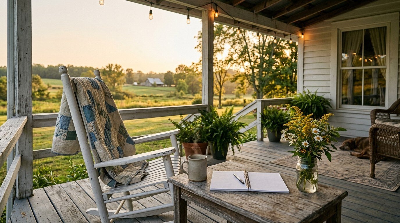 A sunlit farmhouse porch at golden hour with an open notebook, a steaming ceramic mug, and a worn quilt draped over a rocking chair, evoking the quiet tension of work life balance.
